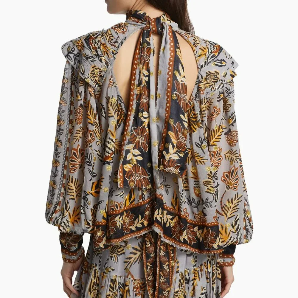 Farm Rio  Floral Tapestry Embroidered Bishop-Sleeve Blouse - Picture 2 of 10